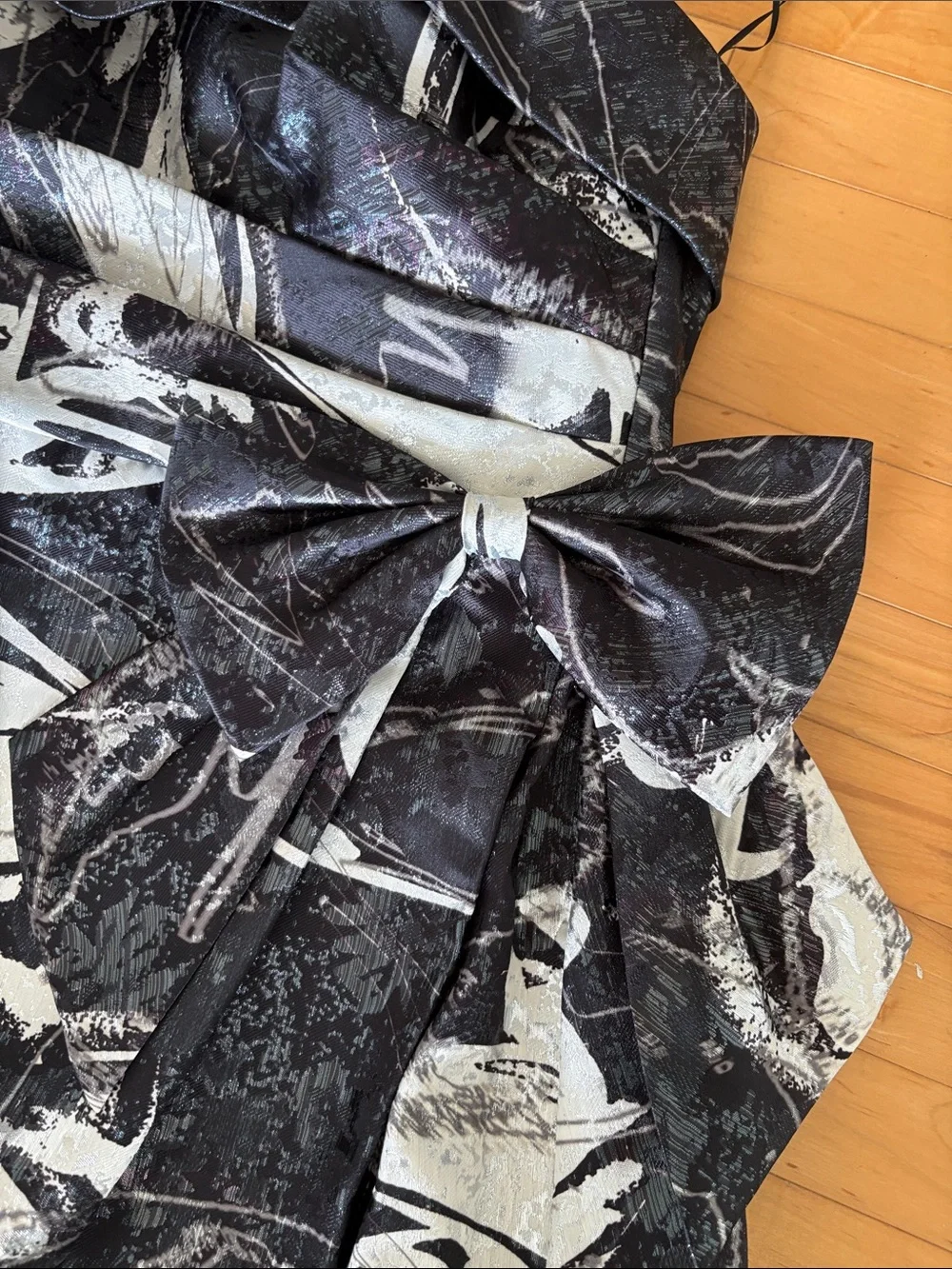 Teri Jon Black, White & Silver Strapless Floral A-Line Dress with Side Bow